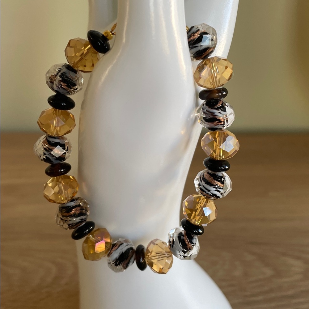 HAND CRAFTED BEADED BRACELET Elegant Black & Gold Faceted Crystal Beaded Glam - Picture 9 of 15